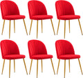 Velvet Dining Chairs Set of 6, Upholstered Mid Century Modern Dining Room Chairs, Armless Accent Chair with Metal Gold Legs for Living Room, Kitchen, Rose Red