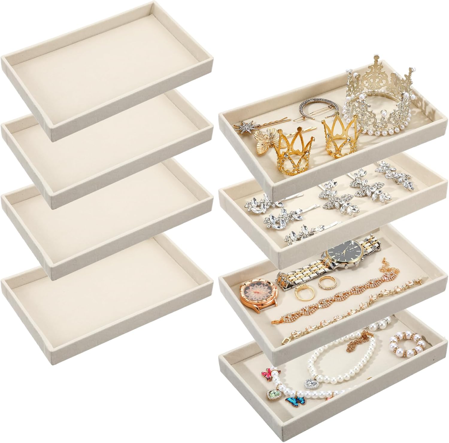 8pcs Small Velvet Jewelry Trays,Beige Stackable Jewelry Trays Drawers Organizer Inserts,Jewellery Storage Tray for Necklaces, Earrings, Rings, Bracelets, 8.3 x 4.9 x 1 Inches