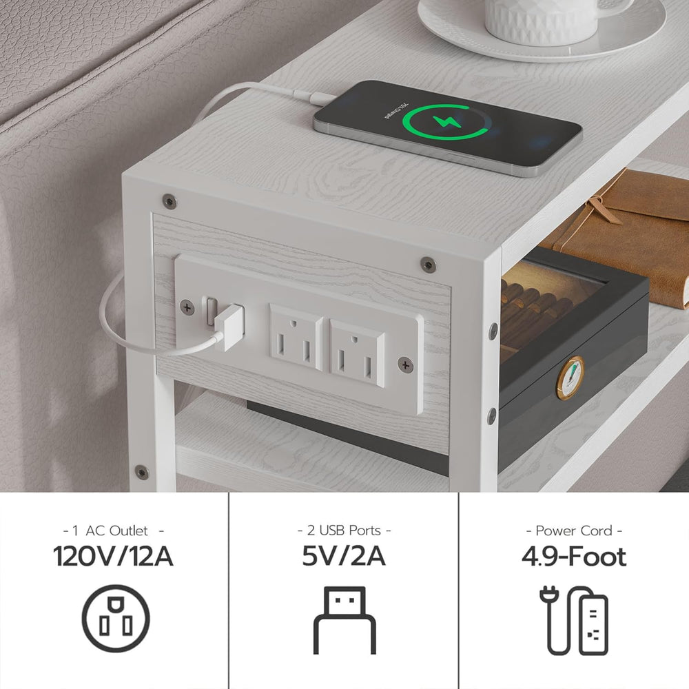 Leomonio White Side Table with Charging Station, Slim End Tables with Linen B...