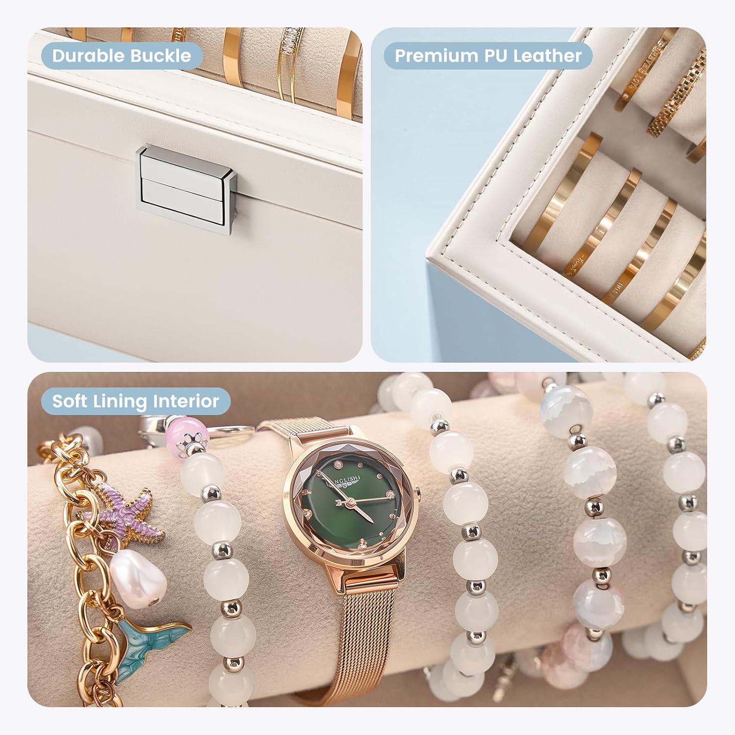Lolalet Bracelet Display Holder with Clear Lid -Beige | Jewelry Organizer with 2 Velvet Display Rods, Perfect Storage Case for Bangles, Bracelets, and Watches, Great Gift for Her