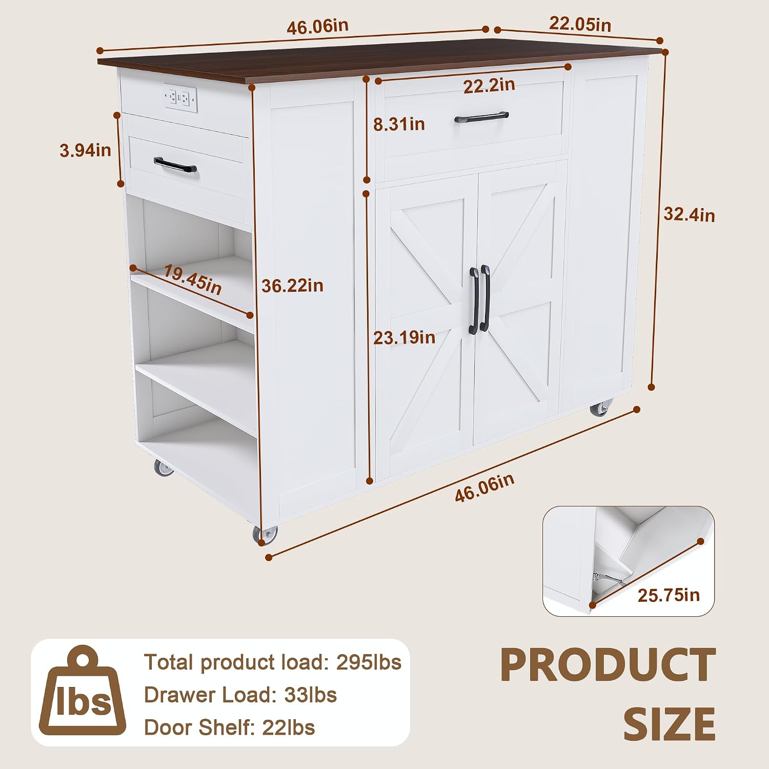 46" Kitchen Island with Power Outlet, Kitchen Storage Island with Drawer, Rolling Cart on Wheels, Wood Top with Adjustable Shelf and Trash Storage Cabinet, for Home, Dining Room (White, 46")