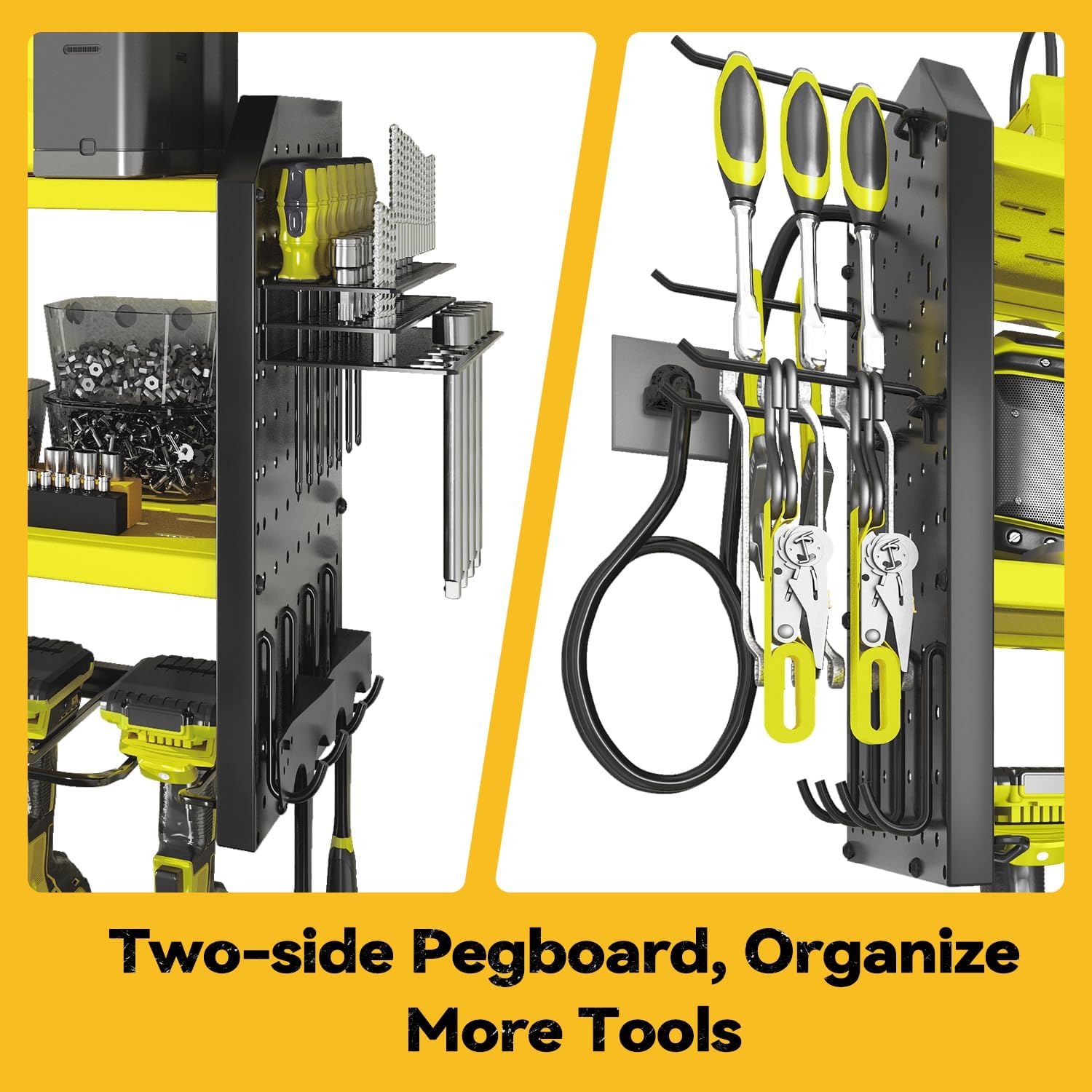 SOYEEZE Large Power Tool Organizer Wall Mount with Charging Station, 3 Layer Heavy Duty Metal Tool Storage Rack with 8 Drill Holder, Tool Holder Built in 8 Outlet Power Strip (Green)