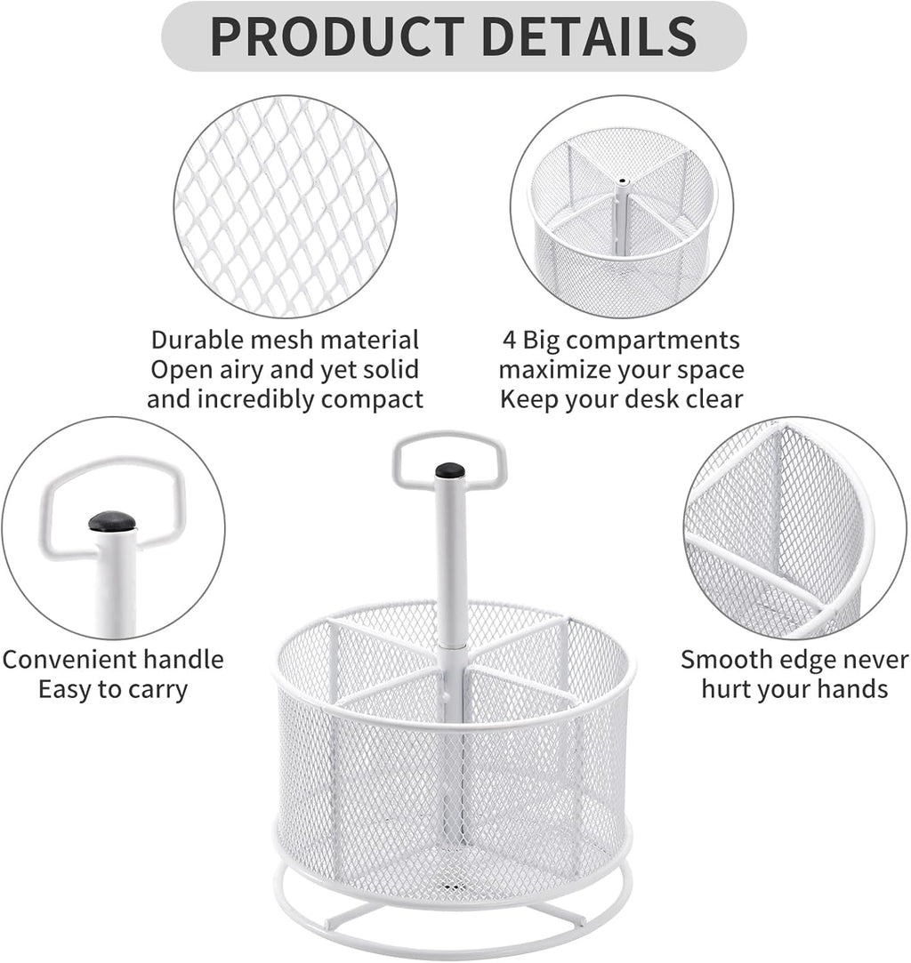 Marbrasse Mesh Desk Organizer, 360-Degree Rotating Multi-Functional Pen Holder, 4 Compartments Desktop Stationary Organizer, Home Office Art Supply Storage Box Caddy (White)