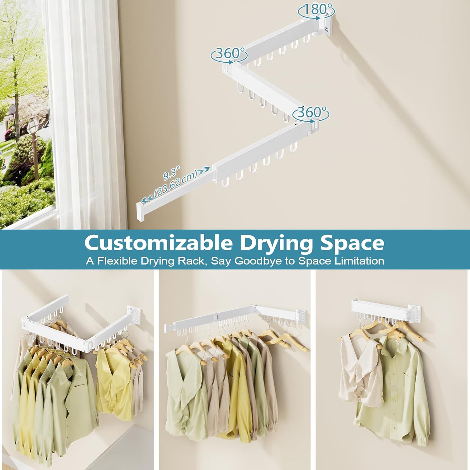 JAUREE Clothes Drying Rack Wall Mounted, Space-Saving Drying Rack Clothing, Collapsible Foldable Retractable Laundry Rack with 18 Hooks, Indoor/Outdoor, White