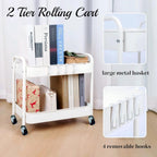 Under Desk Storage Cart 2 Tier Utility Rolling Cart with Wheels, Small Metal Mobile Trolley with Handle Two Tiered Utility Organizer Roller for Kitchen Office Bathroom Pantry Room, White