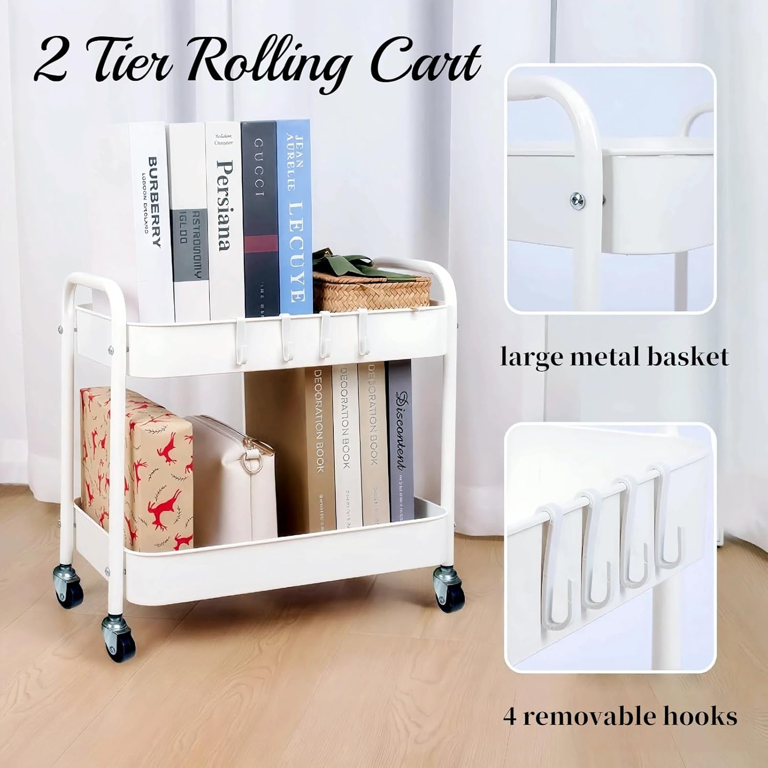 Under Desk Storage Cart 2 Tier Utility Rolling Cart with Wheels, Small Metal Mobile Trolley with Handle Two Tiered Utility Organizer Roller for Kitchen Office Bathroom Pantry Room, White