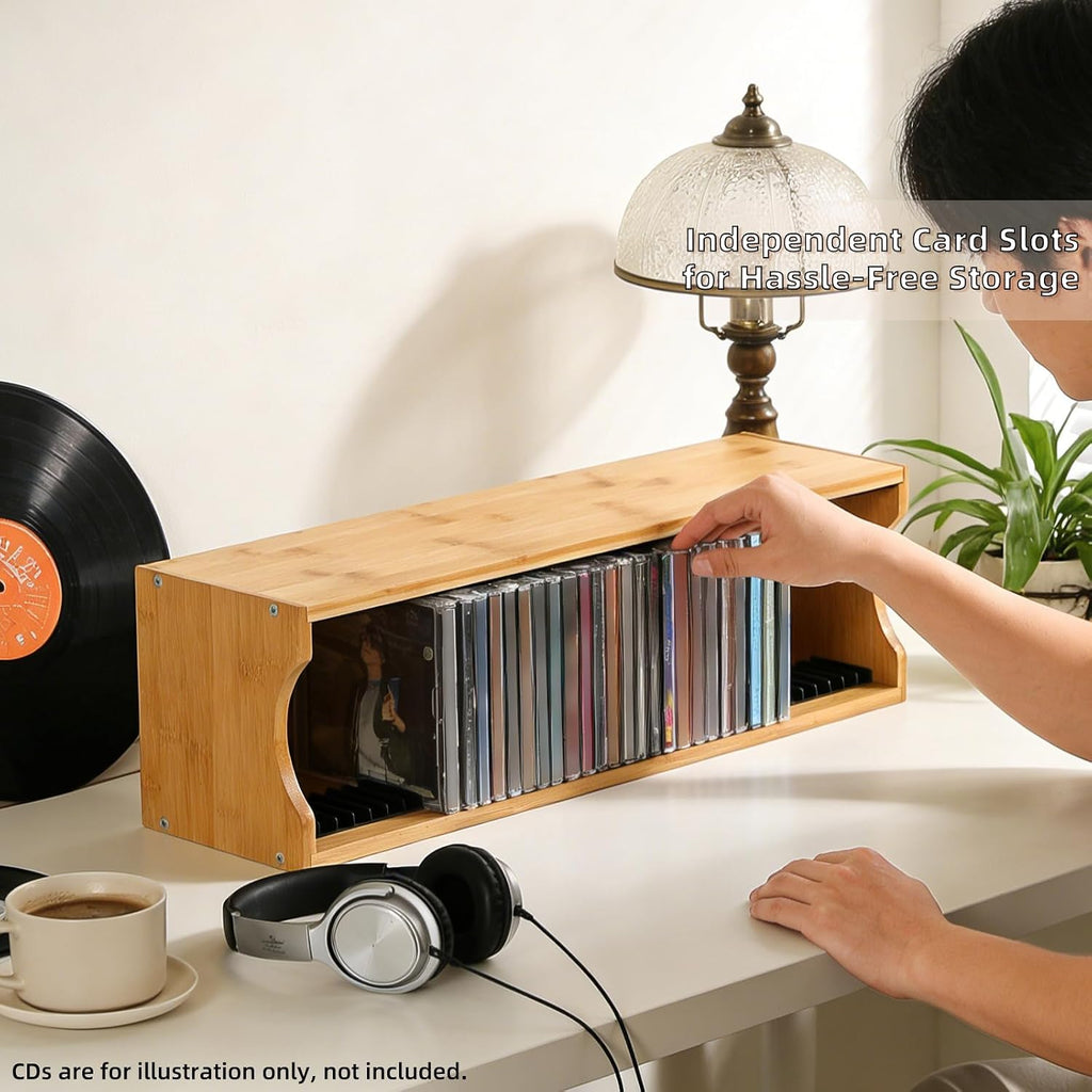 AriSen Bamboo CD Storage Rack, CD Record Rack, DVD Media Disc Rack, Storage & Display Rack for Vintage Music Records, CD Collection Case