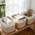 3 Pack Woven Baskets,Storage Baskets for Shelves with Handles | 13.5"×11"×9.5" Closet Baskets, Nursery Organizer for Toys Towels Books, Storage Bin for Living Room Bedroom (White&Brown)