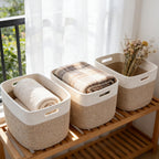 3 Pack Woven Baskets,Storage Baskets for Shelves with Handles | 13.5"×11"×9.5" Closet Baskets, Nursery Organizer for Toys Towels Books, Storage Bin for Living Room Bedroom (White&Brown)