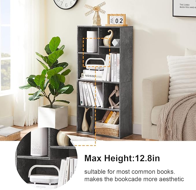 VECELO 42" Contemporary Bookshelf, 7 Cube Organizer Bookcase,Fits Tallest Hardcovers, Horizontal Available,Floor Standing Display,Easy Assembly, Modern Gray