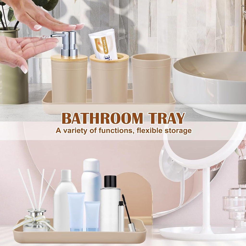 iMucci Bathroom Accessories Set - with Trash Can Toothbrush Holder Soap Dispenser Soap and Lotion Set Tumbler Cup(9Pcs Beige Wood Cover)