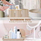 iMucci Bathroom Accessories Set - with Trash Can Toothbrush Holder Soap Dispenser Soap and Lotion Set Tumbler Cup(9Pcs Beige Wood Cover)