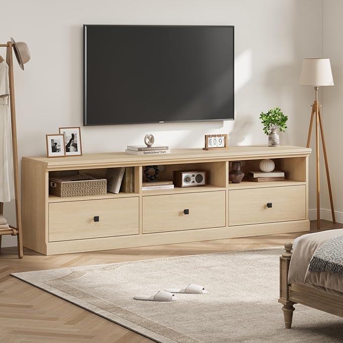 IDEALHOUSE 70in TV Stand for TVs up to 80", Mid Century Modern Entertainment Center with Storage Drawer and Open Shelves, TV Console Media Cabinet for Living Room, Bedroom, Light Oak