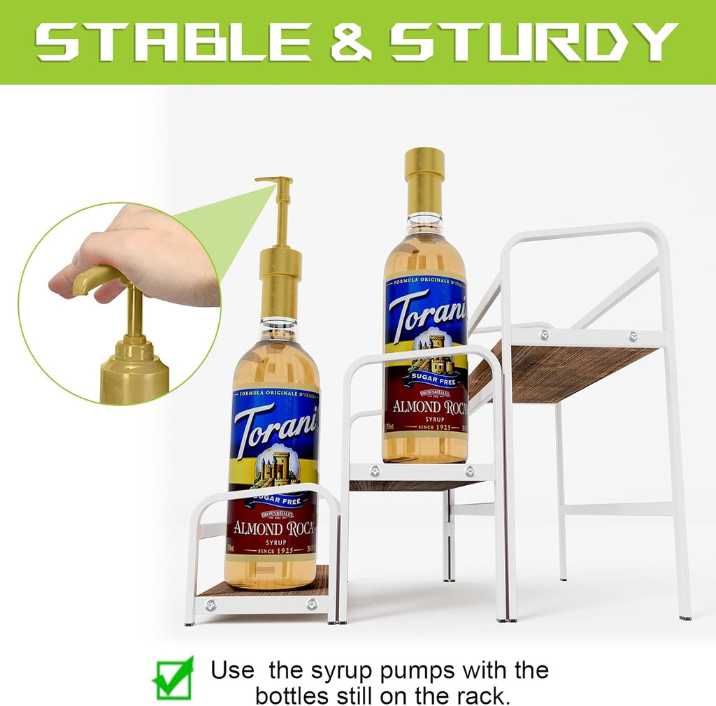 3-Tier Coffee Syrup Rack for Countertop, Large Capacity 12-Bottles Syrup Stand with Wood Shelf & Metal Frame for Coffee Bar, Premium White Coffee Organizer Station/Wine Rack for Kitchen Storage