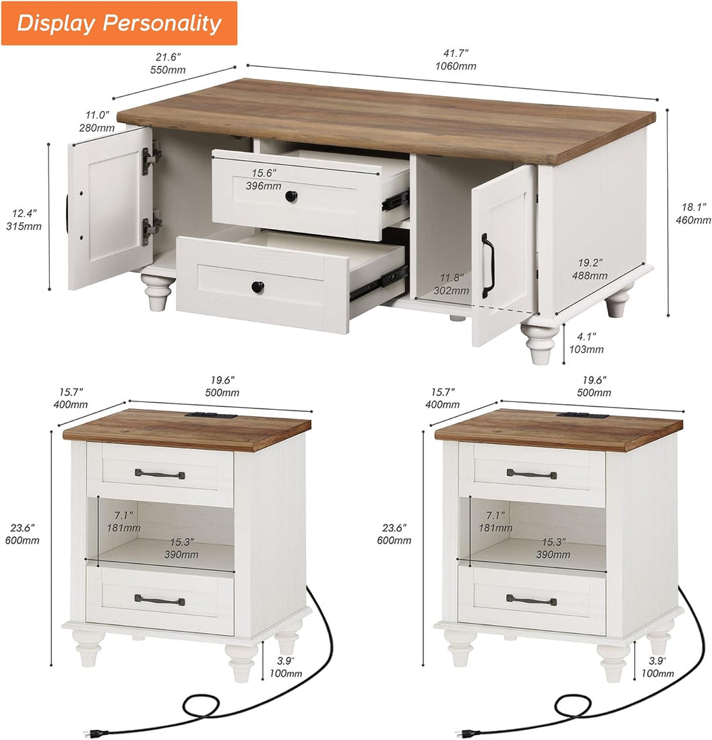 WAMPAT White Coffee Table Set of 3, One Wood Center Table with Drawers, 2 End...