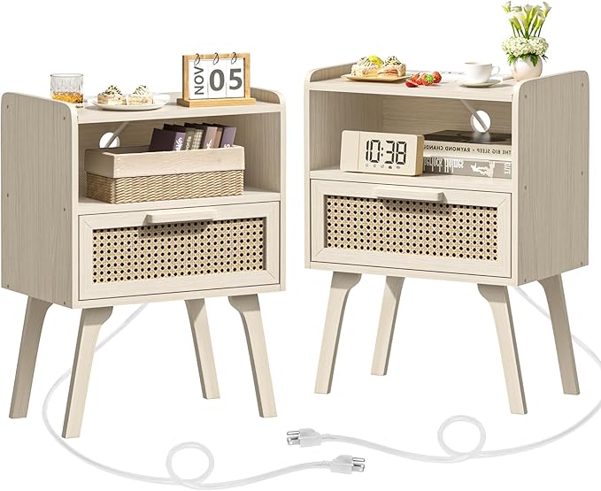 Lerliuo Rattan Nightstands Set of 2 with Charging Station, Side Table with Dr...