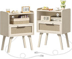 Lerliuo Rattan Nightstands Set of 2 with Charging Station, Side Table with Drawer Open Shelf, Cane Accent Bedside End Table, Night Stand for Bedroom, Dorm and Small Spaces (Grey White)