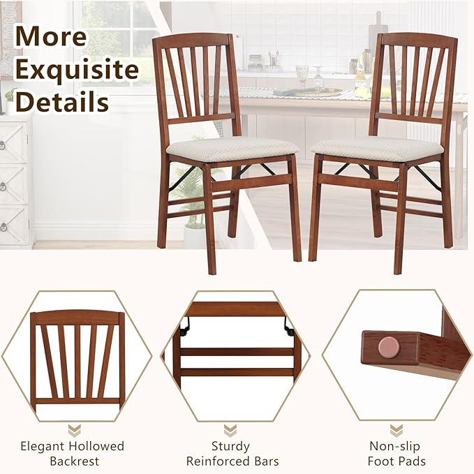 COSTWAY Folding Dining Chairs Set of 2, Upholstered Wooden Dining Room Chairs with Fabric Padded Seat, Solid Wood Frame and 400LBS Capacity for Kitchen Apartment (Beige & Brown)