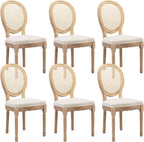 French Country Dining Chairs Set of 6,Farmhouse Upholstered Dining Room Chairs with Round Back and Solid Leg,Rattan Kitchen Chairs for Kitchen/Bedroom/Dining Room,Beige
