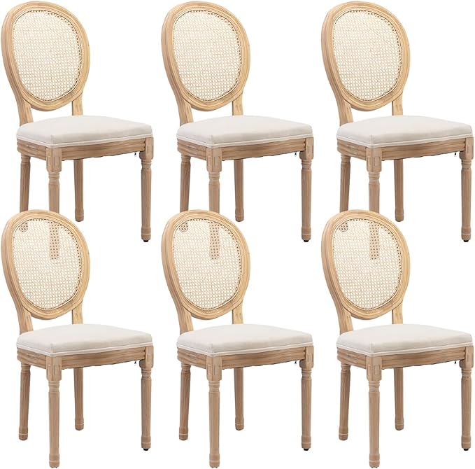 French Country Dining Chairs Set of 6,Farmhouse Upholstered Dining Room Chairs with Round Back and Solid Leg,Rattan Kitchen Chairs for Kitchen/Bedroom/Dining Room,Beige