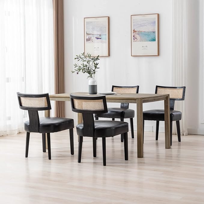 Rattan Dining Chairs Set of 2, Modern PU Leather Upholstered Kitchen Chairs, Wooden Dining Room Chair Farmhouse Dinner Chair with Black Wood Frame, Black