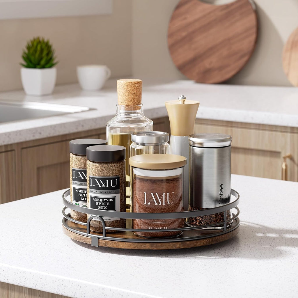 LAMU 9'' Lazy Susan Turntable Organizer for Cabinet, Round Wood Lazy Susan for Table Top, Kitchen, Countertop, Pantry, Spice, Bathroom Vanity, Coffee, Farmhouse Decor