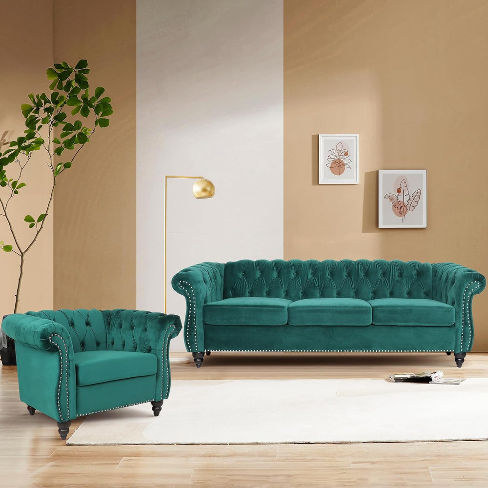Velvet Sofa Couches Set, 3-Piece Mid Century Modern Upholstered Couch with Cu...