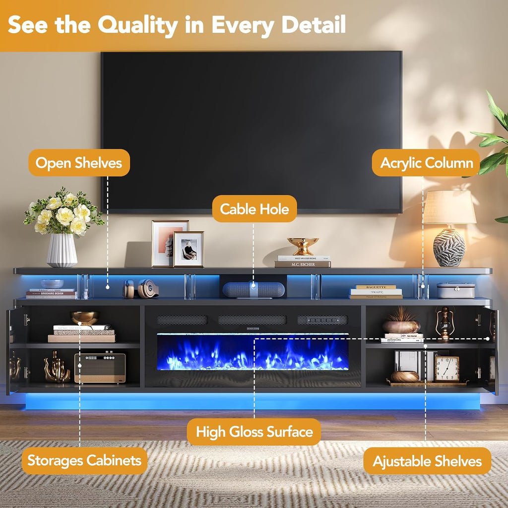 MXV 80" Fireplace TV Stand for Living Room, 36" Electric Fireplace with Adjustable Flames & Double LED Lights, Remote Control, Storage Cabinet with High Gloss Board, Fits TVs Up to 90", Black & Black