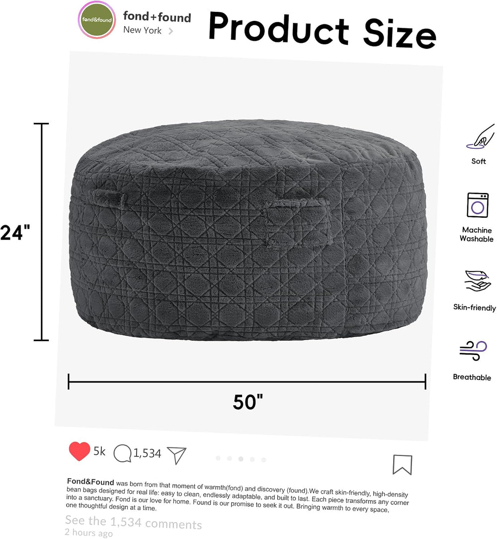 fond + found Giant Bean Bag Chair with Plush Quilted Cover, 5FT Darkgrey | Pl...