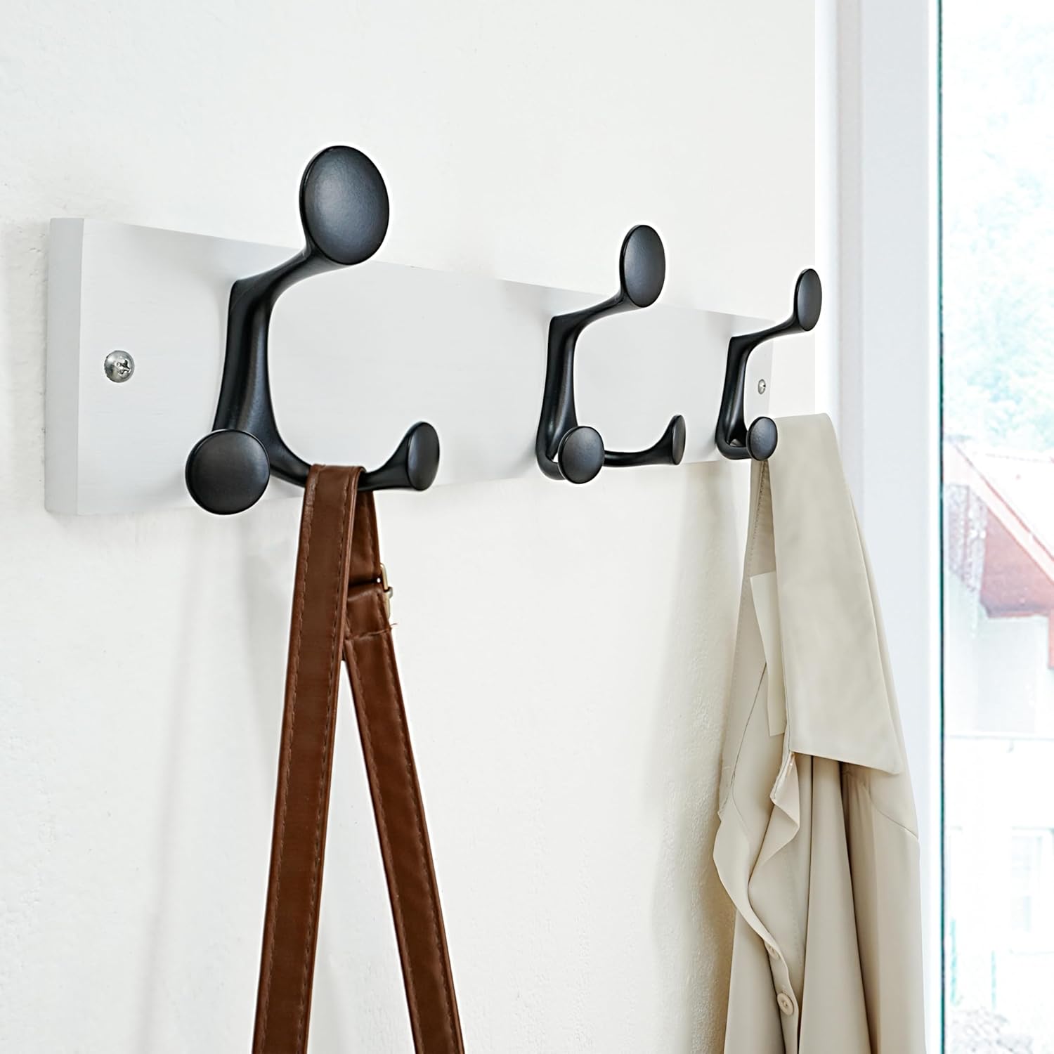 SKOLOO 17-Inch White Wood Coat Rack Wall Mount with 3 Triple Hooks - Ideal for Family Entrances, Classrooms, and Pet Supplies Storage - Perfect Coat Hooks for Wall