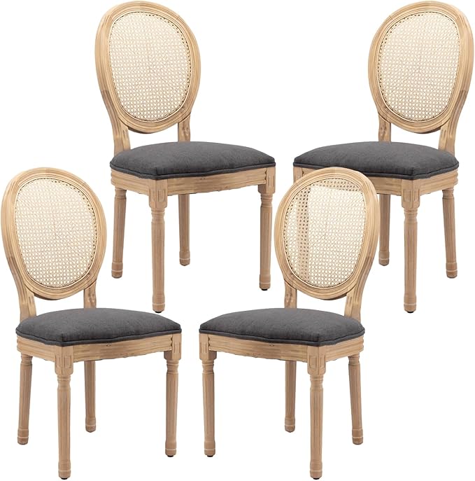 French Country Dining Chairs Set of 4,Farmhouse Upholstered Dining Room Chairs with Round Back and Solid Leg,Rattan Kitchen Chairs for Kitchen/Bedroom/Dining Room,Gray