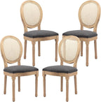 French Country Dining Chairs Set of 4,Farmhouse Upholstered Dining Room Chairs with Round Back and Solid Leg,Rattan Kitchen Chairs for Kitchen/Bedroom/Dining Room,Gray