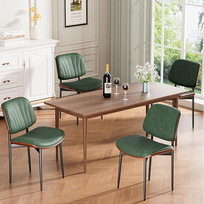 Dining Chairs Set of 6, Mid-Century Modern Upholstered PU Leather Chairs with Walnut Bentwood Back and Metal Legs Adjustable Feet for Kitchen Dining Room, Dark Green Shell Strips
