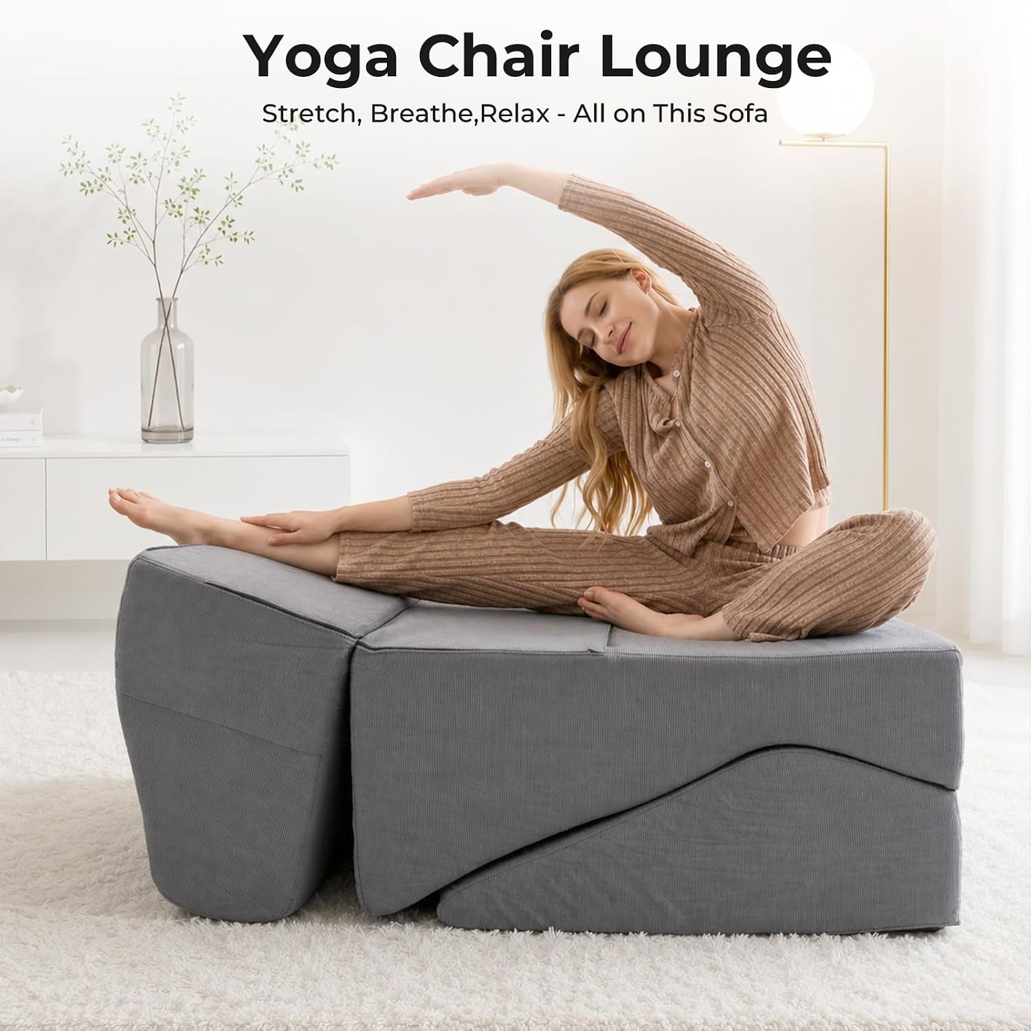 Yoga Chaise Lounge Chair Indoor, 3-in-1 Convertible Boneless Couch Bed | Corduroy Floor Sofa with Memory Foam, Zero Gravity Curved Design, No Assembly Required, for Bedroom, Living Room, Reading