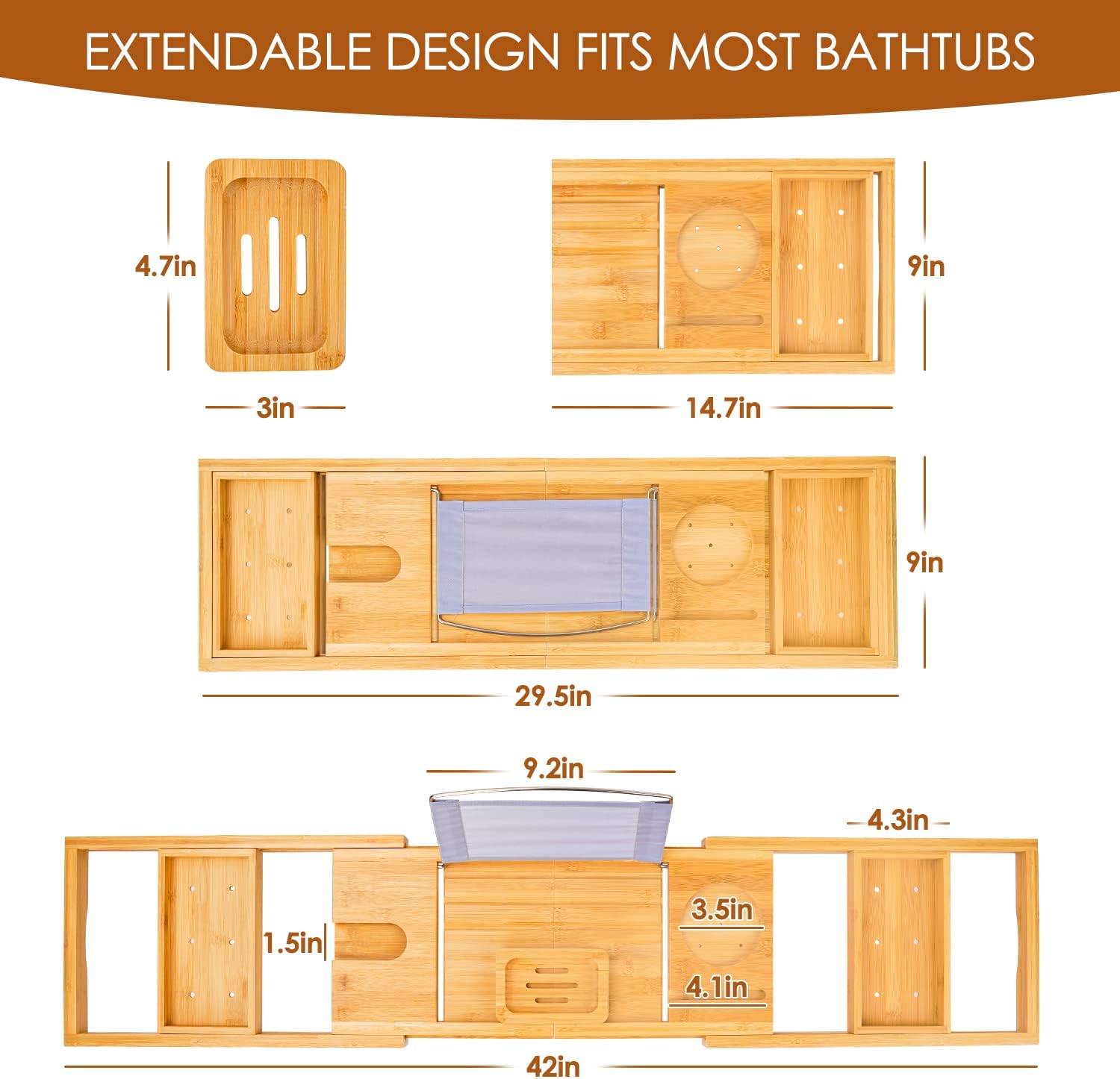 Foldable Bathtub Caddy Tray, Bamboo Bath Tub Tray Table for Tub with Wine Glass Holder Book Phone Tablet Holder with Extending Sides, Adjustable Bathroom Bathtub Free Soap Holder Gift Idea (Beige)