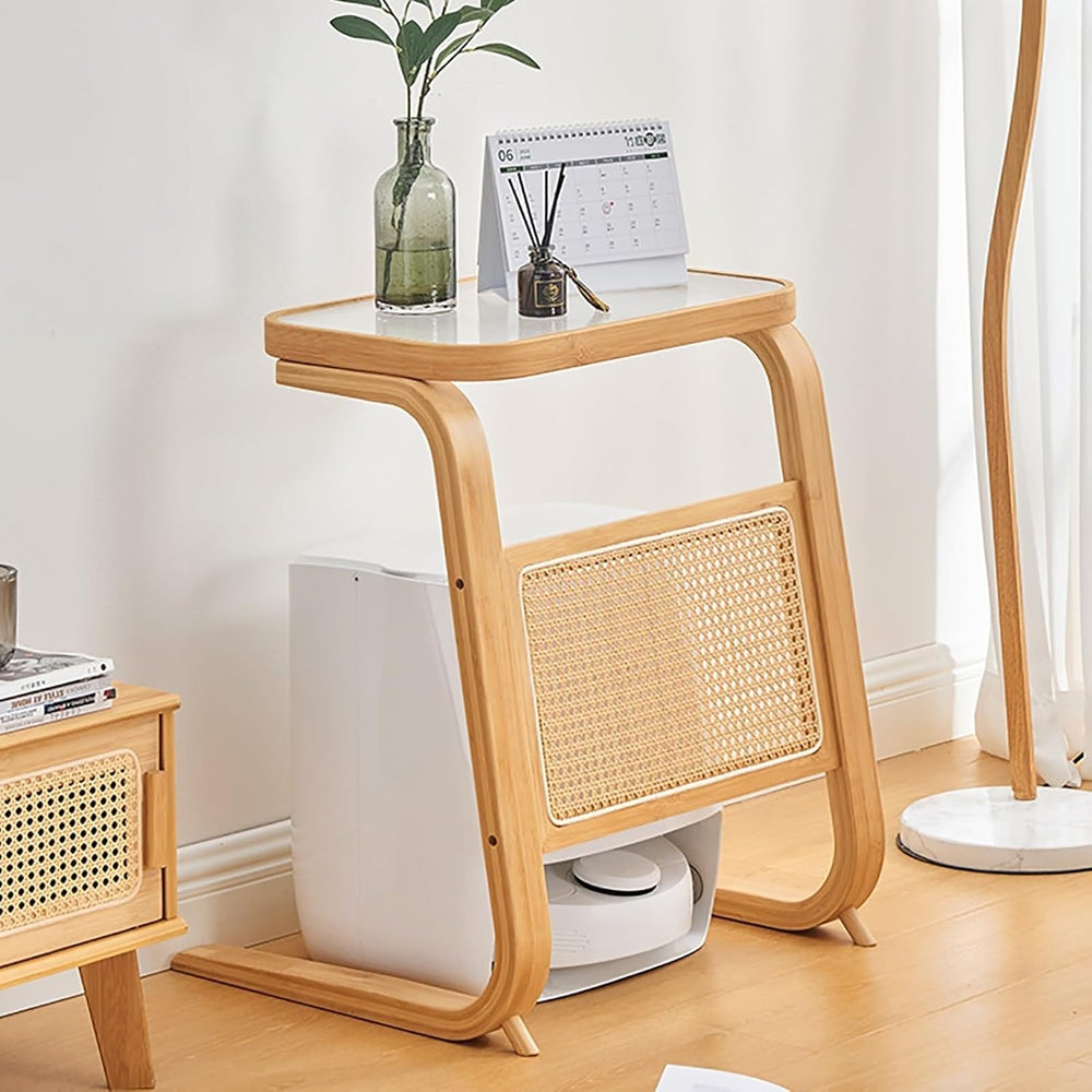 Side Table with Glass Top Over The Robot Storage Shelf C-Shaped End Table Swe...