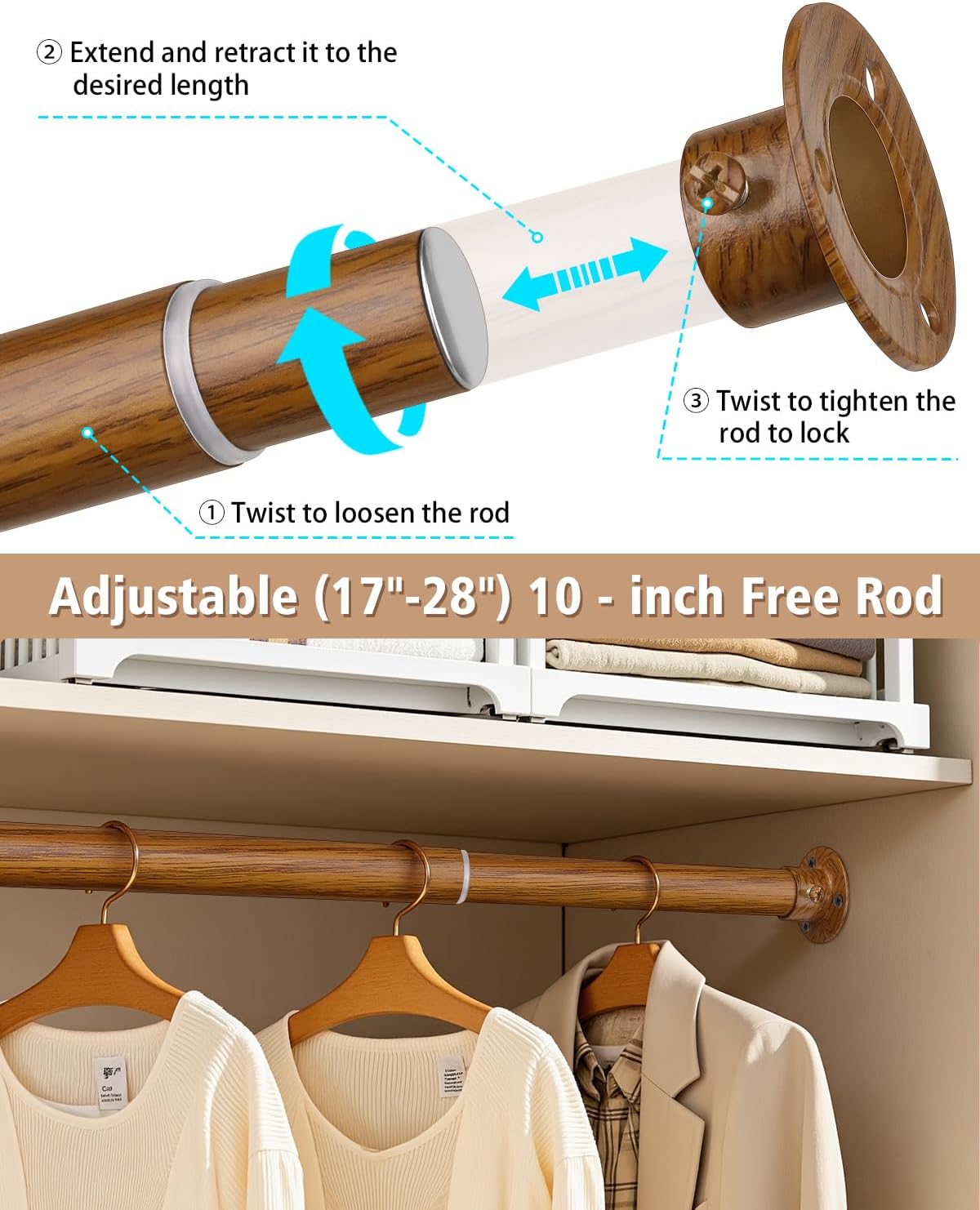 Closet Rods for Hanging Clothes, 17-64 Inch Heavy Duty and Stepless Adjustable Closet Poles, Stainless Steel Closet Hanging Rod for Wardrobes, Laundry Room, Bathroom, RV (Wood-Grain Finish)