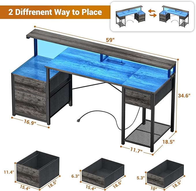 Aheaplus Computer Desk with 3 Drawers, Home Office Desk with File Drawer & Power Outlet, 59'' Gaming Desk with Led Lights, Work Desk with Storage Shelves, Printer Cabinet and Monitor Shelf, Grey Oak