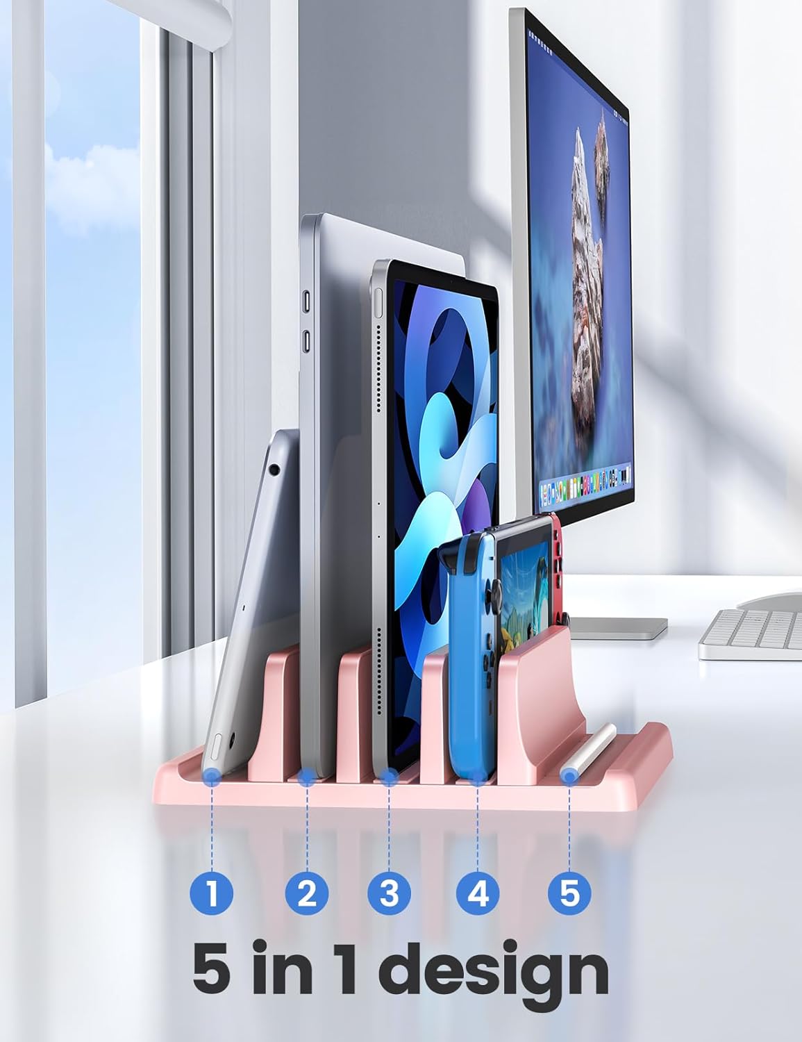 Vaydeer 3-Slot Vertical Laptop Stand Made of Premium ABS Plastics 5 in 1 Design Space-Saving Adjustable Desk Organizer for All MacBook/Chromebook/Surface (Pink)