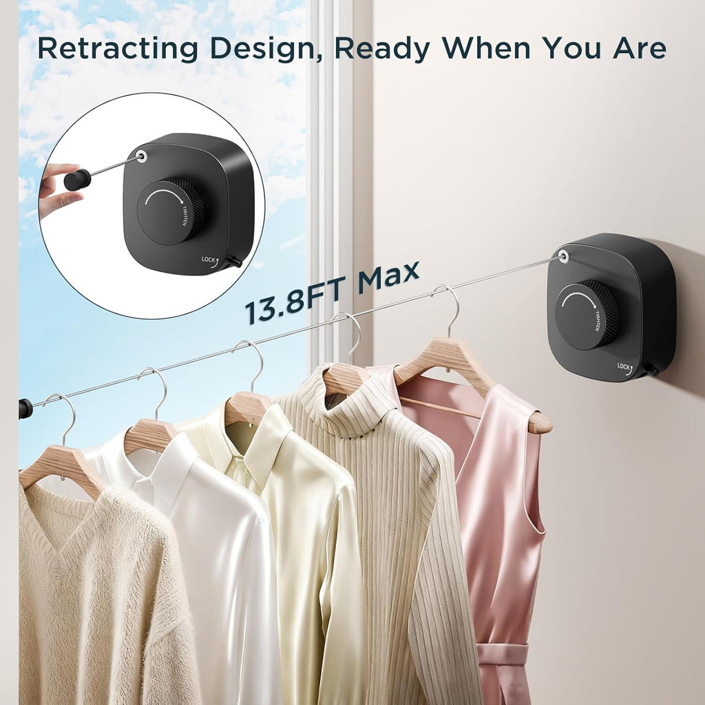 FORIOUS Retractable Clothesline Indoor, 13.8 Ft Non-Sagging Outdoor Clothes Line, Rustproof All Stainless Steel Heavy Duty Clothes Drying Laundry Line, Screw Wall Mounted for Bathroom, Matte Black
