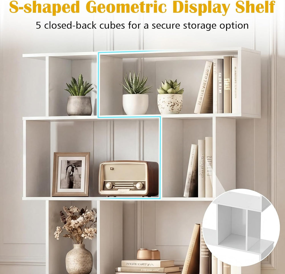5-Tier Geometric Bookshelf w/Anti-tip Kit & 5 Closed-Back Cubbies