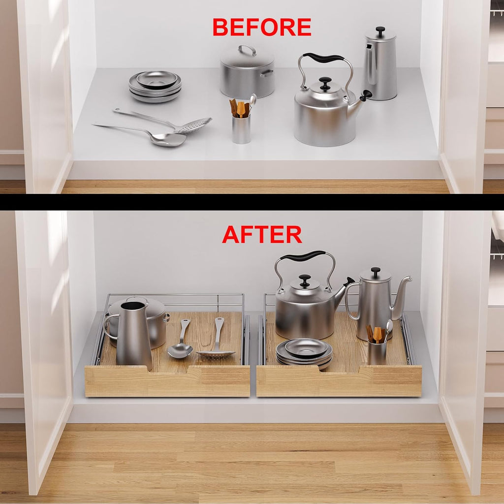 Pull Out Cabinet Organizer,Heavy-Duty Slide Out Shelf, Wood And Wire Basket, Pull Out Drawer for for Kitchen Under Sink Space, Pantry, Bathroom (14 * 21 WM)