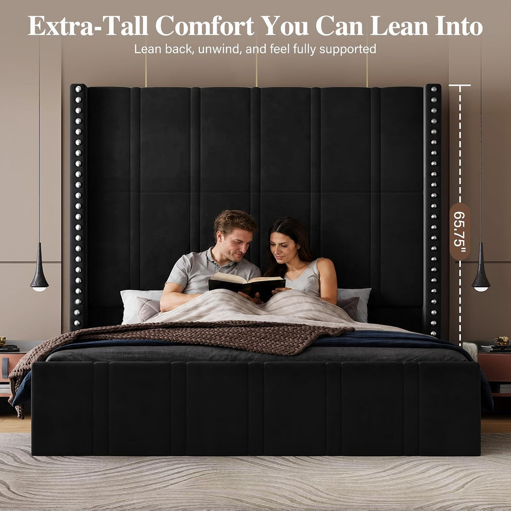 Queen Bed Frame with 65.75" Tall Headboard, Black