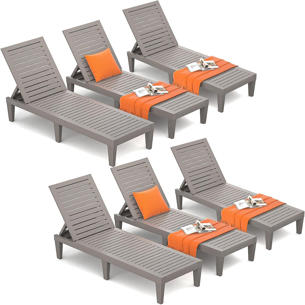 Outdoor Chaise Lounge Chairs Set of 6 for Poolside Patio Outside | Resin Weather-Resistant Sun Lounger with 5-Position Backrest, Tanning Chair for Pool Sunbathing Outside Deck Beach, Taupe