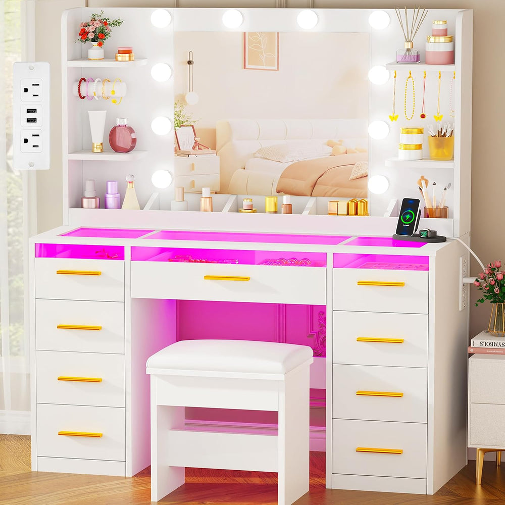 ANWBROAD Large Vanity Desk with Mirror and Lights & Transparent Glass Top...