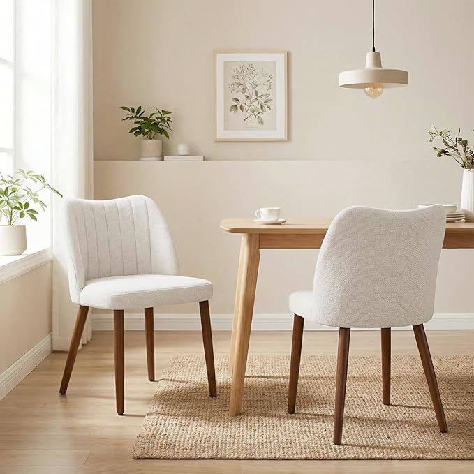 Wooden Dining Chairs Set of 2, Dining Room Chairs with Wood Legs, Upholstered Dining Chairs Modern Fabric Kitchen Chairs with Back for Kitchen/Living Room/Restaurant, Tool-Free Assembly, White