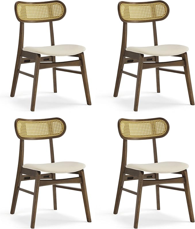 Wooden Dining Chairs Set of 4, Upholstered Modern Dining Room Chairs, Mid Century Oak Wood Kitchen Chairs with Rattan Backrest for Farmhouse, Kitchen, Restaurant (Cream Fabric & Walnut Color)