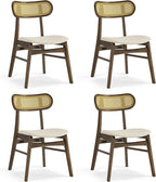 Wooden Dining Chairs Set of 4, Upholstered Modern Dining Room Chairs, Mid Century Oak Wood Kitchen Chairs with Rattan Backrest for Farmhouse, Kitchen, Restaurant (Cream Fabric & Walnut Color)