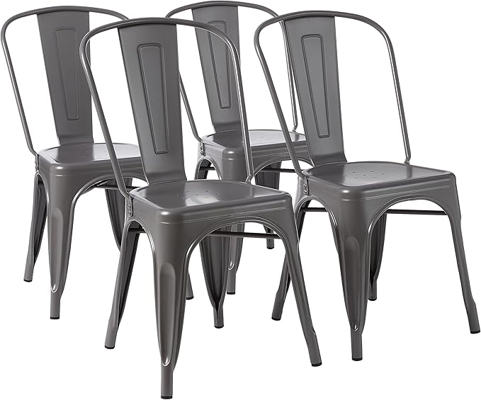 Amazon Basics Metal Dining Chairs, Easy to Assemble, Indoor/Outdoor, Stackable, 330-Pound Capacity, Dark Gray, 4-Pack, 20.1 x 17.1 x 33.5 inches