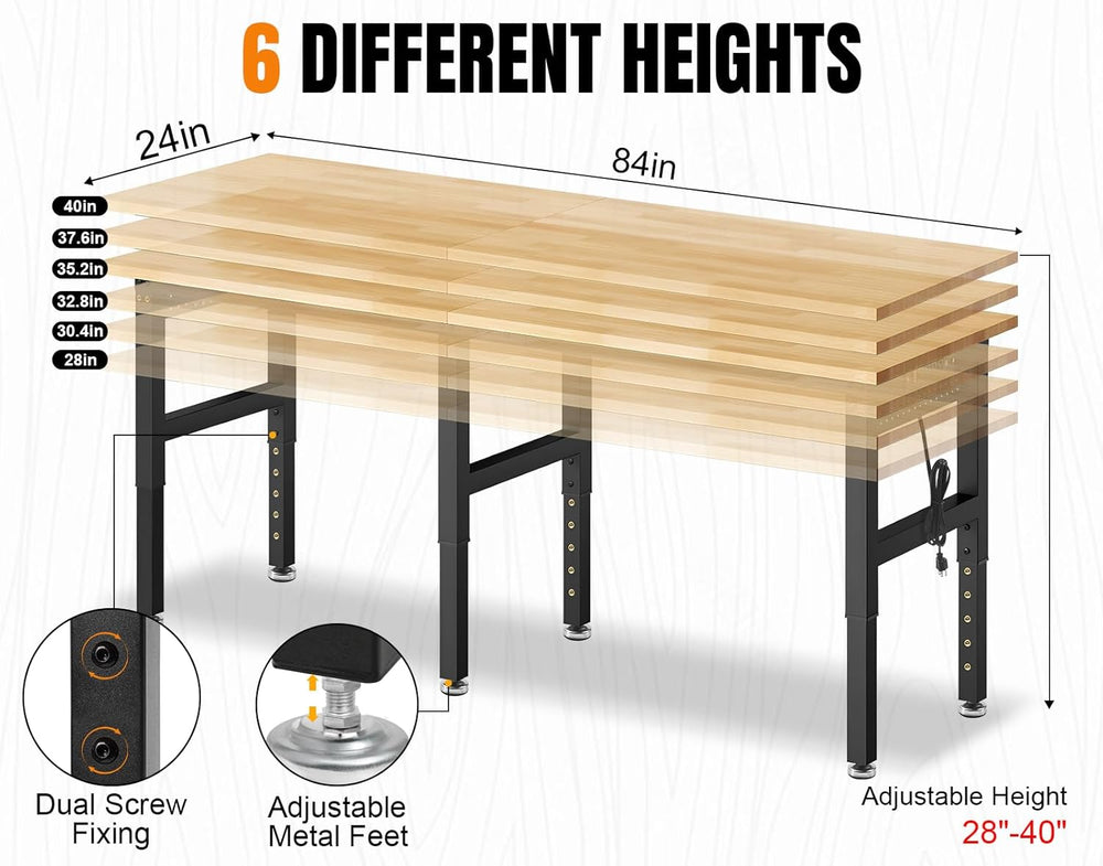 84” Adjustable Height Workbench, 5000 LBS Heavy Duty Table Rubber Wood Workst...